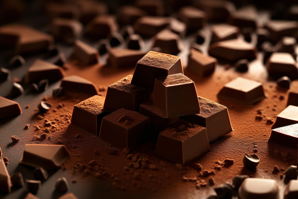 The picture exhibits mulitple and dispersed cubes of dark compound chocolate