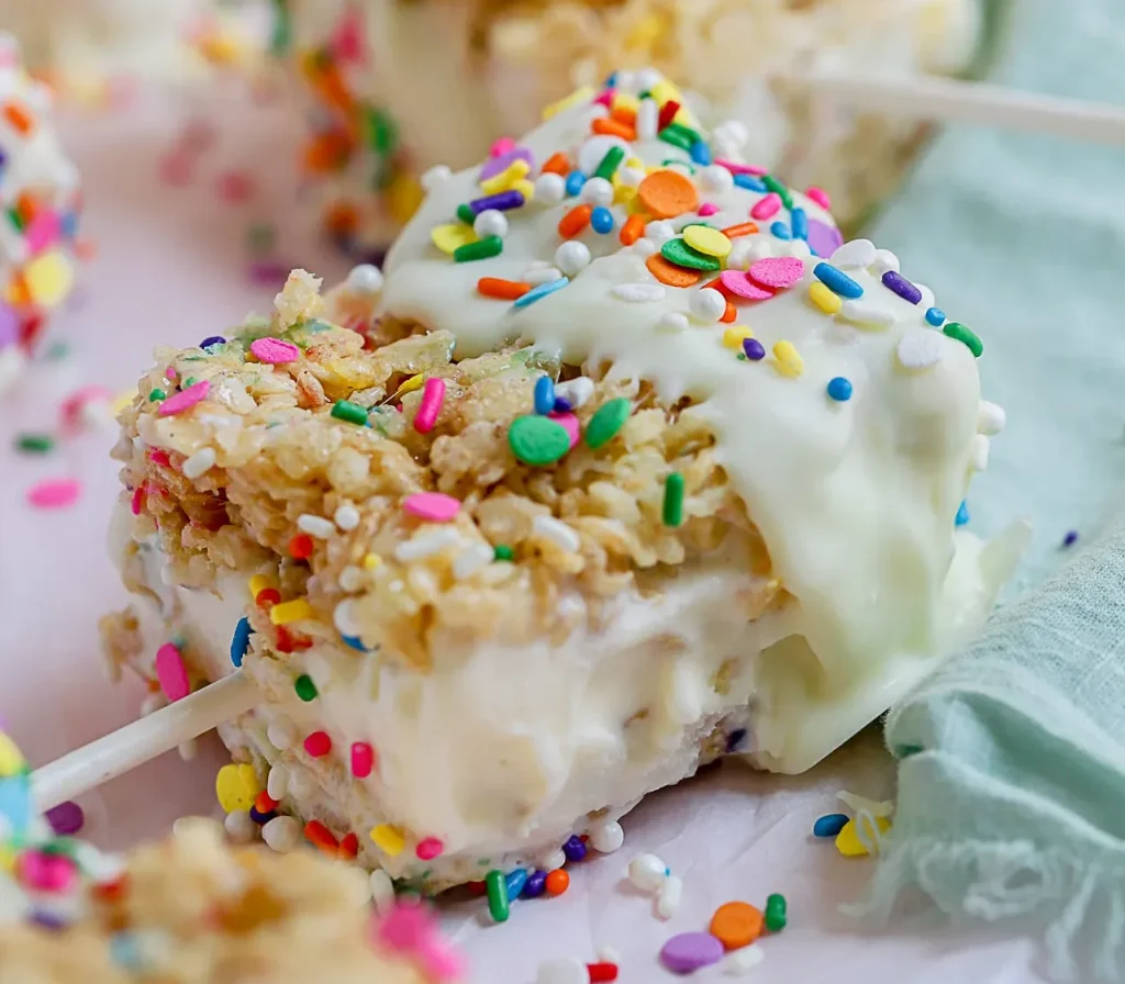 The image features a cake adorned with colorful sprinkles, rice krispy and a layer of frosting.