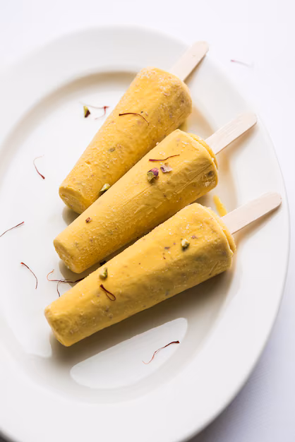 This image represents 3 sticks of kulfi ice cream on a white plate.